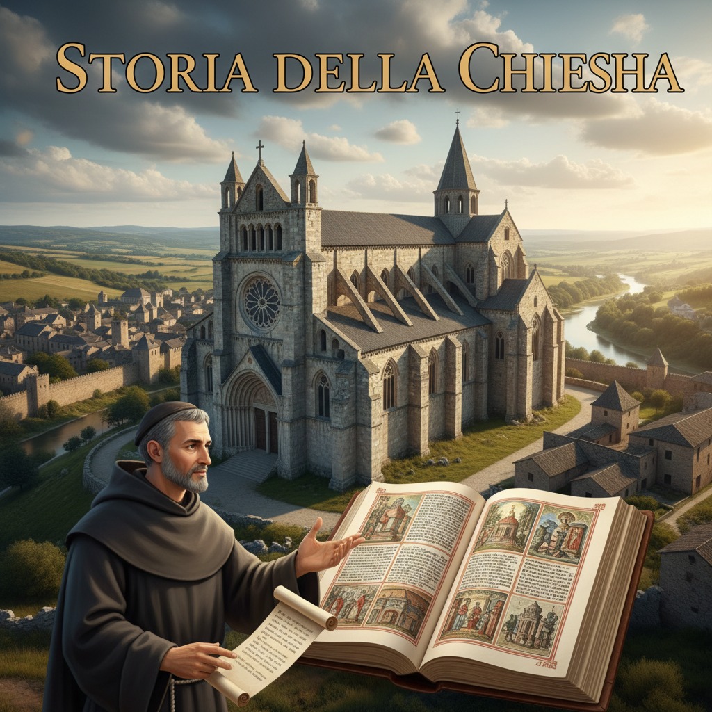 Un monaco in saio marrone regge un libro aperto con illustrazioni accanto a una pergamena arrotolata, con sullo sfondo un'antica cattedrale medievale e un villaggio fortificato.