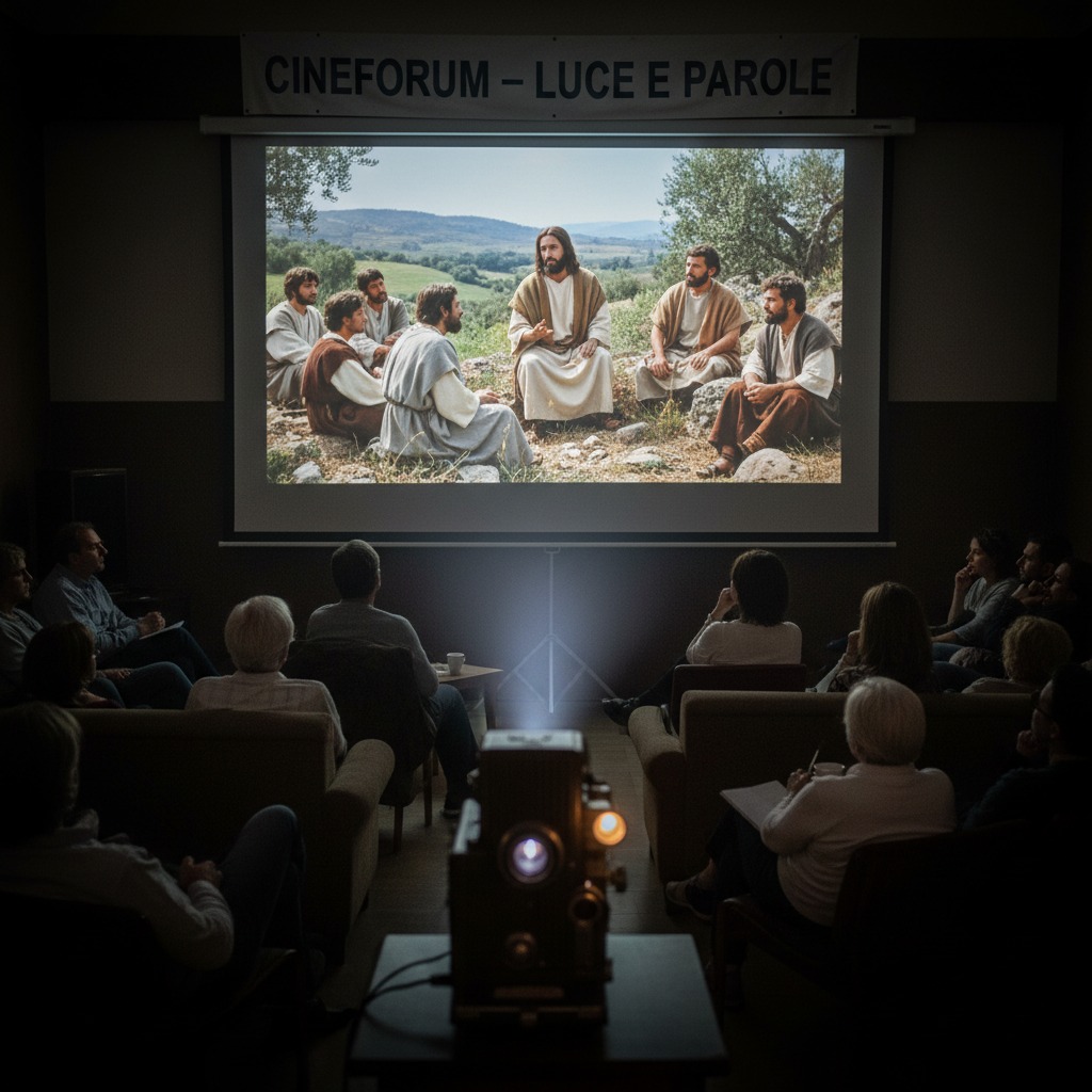 Un proiettore mostra un film su un grande schermo in una sala buia davanti a un gruppo di spettatori seduti.